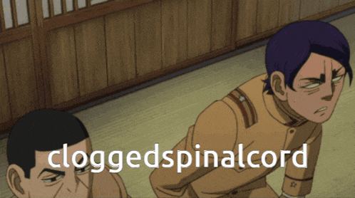 two men are standing next to each other with the words cloggedspinalcord on the bottom right