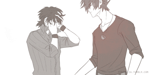 a drawing of a man covering his face with his hand and another man standing next to him