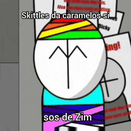 a cartoon character with skittles da caramelos si sos de zim written on the bottom
