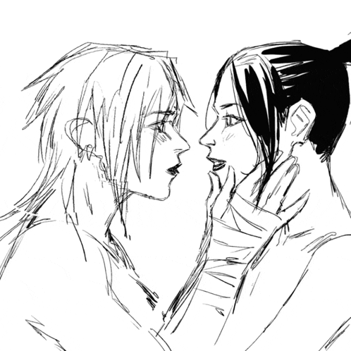 a black and white drawing of two people kissing each other