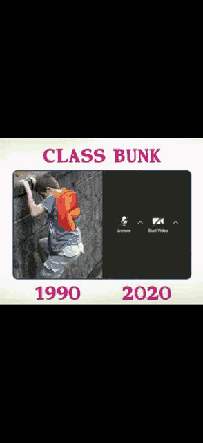 a picture of a boy climbing a wall with a red backpack on his back in 1990 and 2020