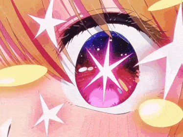 a close up of a girl 's eye with a pink star in it