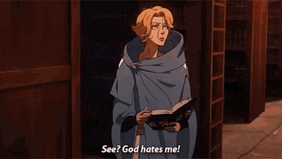 a cartoon character is holding a book and says " see god hates me "