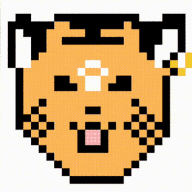 a pixel art drawing of a cat with a pink tongue out