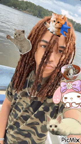 a picture of a person with dreadlocks and cats on their head