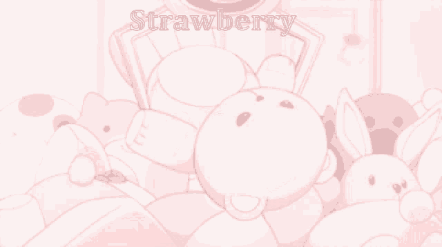 a bunch of stuffed animals are on a pink background with the word strawberry above them