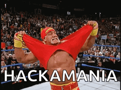 hulk hogan is flexing his muscles in a wrestling ring with the words hackamania above him