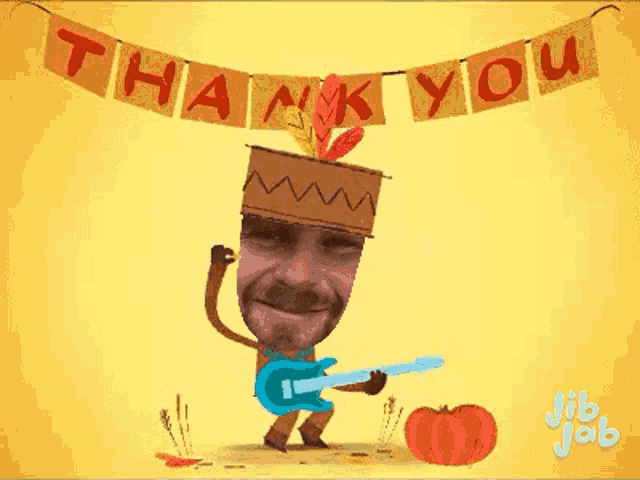 a cartoon of a man wearing a native american headdress holding a pumpkin and a bird .