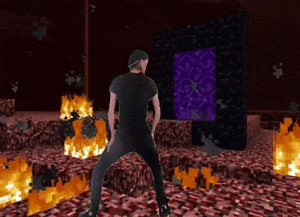 a man in a black shirt is standing in front of a purple portal