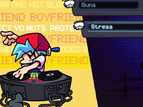 a cartoon character playing a video game with guns stress and nuts buttons