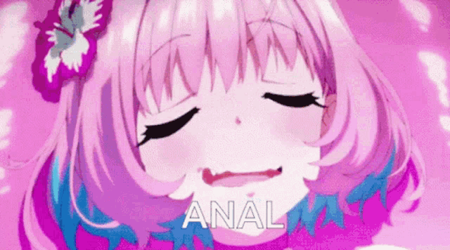 a close up of a pink and purple anime girl with her eyes closed and the word anal written on the bottom .