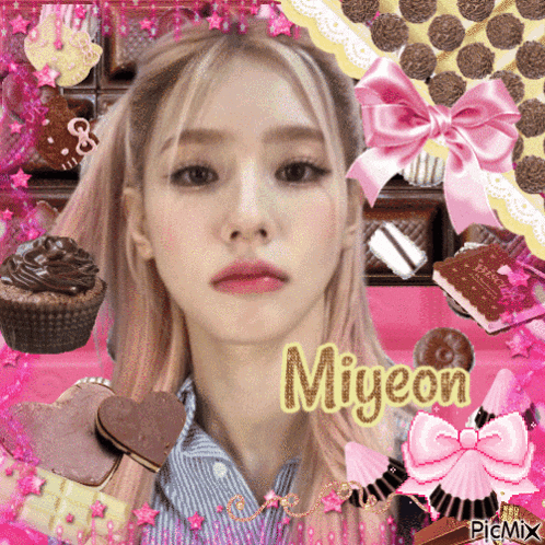a picture of a girl with the name miyeon written on it