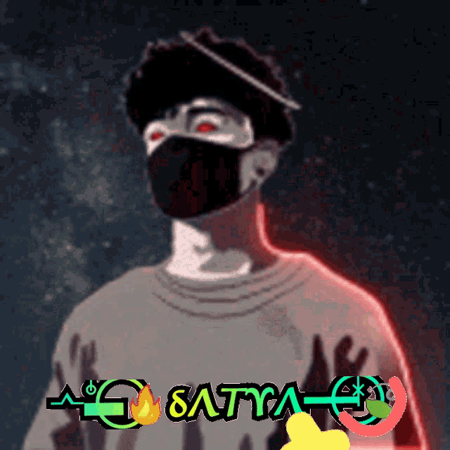 a man wearing a mask with the word satya on the bottom right