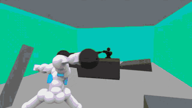 a computer generated image of a person in a room with a blue wall