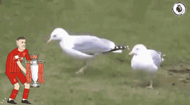 a cartoon of a soccer player holding a trophy next to a seagull