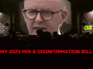 a man with glasses and the words " my 2023 mis & disinformation bill will be our 1984 ministry of truth ! "