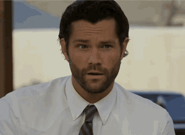 a man with a beard wearing a white shirt and tie looks at the camera