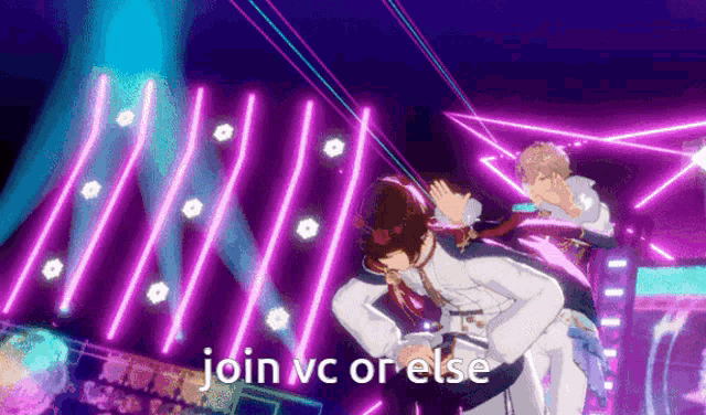 a couple of anime characters are dancing in front of a neon sign that says join vc or else .