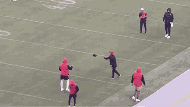 a group of men are standing on a football field .