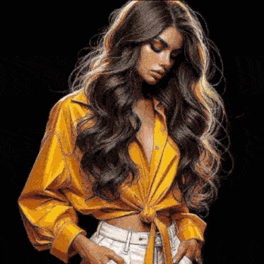 a woman with long dark hair is wearing a yellow shirt