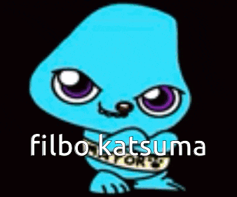 a cartoon of a blue bunny with the words filbo katsuma written below it