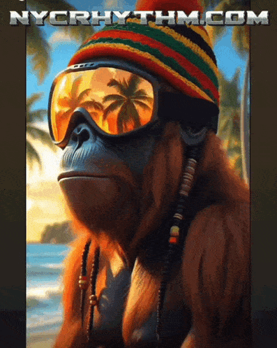 a monkey wearing a rasta hat and goggles with nycrhythm.com written below it