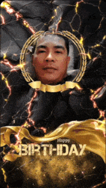 a happy birthday card with a man 's face in a gold frame
