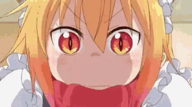 a close up of a anime girl with red eyes and a cat ear .