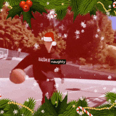 a man wearing a santa hat is surrounded by christmas decorations and says naughty on the bottom