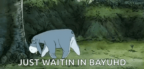 eeyore from winnie the pooh is laying on the ground next to a tree in the woods .