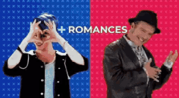 a man and a woman are standing next to each other with the words + romances in the corner