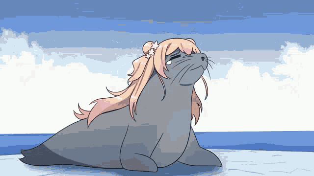 a cartoon drawing of a seal with a girl 's hair