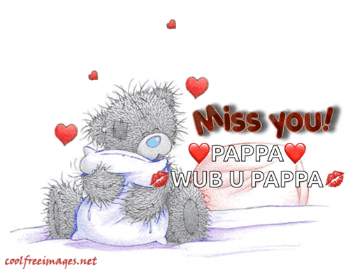 a teddy bear hugging a pillow with the words miss you pappa wub u pappa written on it