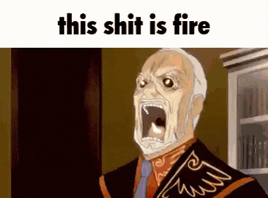 a man with a beard is screaming with his mouth open and the words `` this shit is fire '' above him .