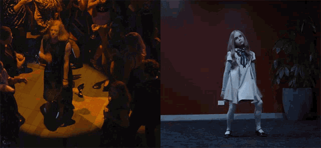 a little girl in a white dress is dancing in front of a crowd of people