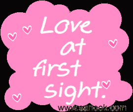 a pink sticker says love at first sight