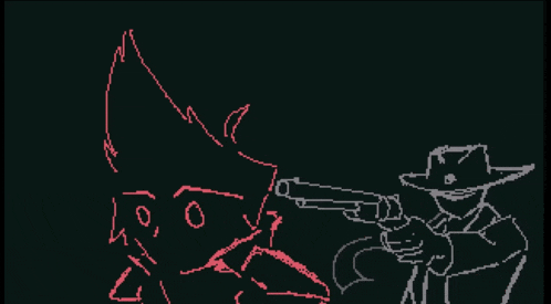 a drawing of a cowboy pointing a gun at another cowboy