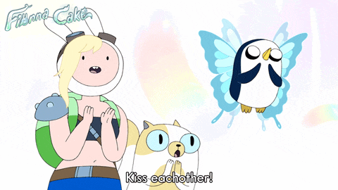 a cartoon character says kiss eachother in front of a penguin