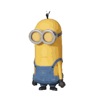 a yellow minion wearing overalls and goggles is standing with his eyes closed