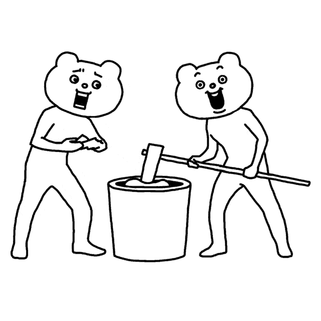a black and white drawing of two bears with hammers in a bucket