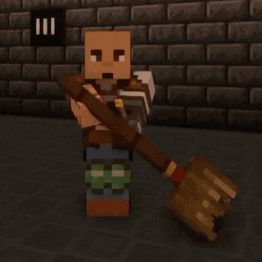 a minecraft character is holding a hammer and a broom in a room .