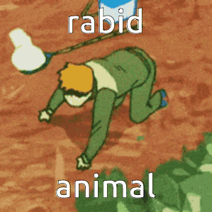 a cartoon drawing of a man crawling on the ground with rabid animal written below him
