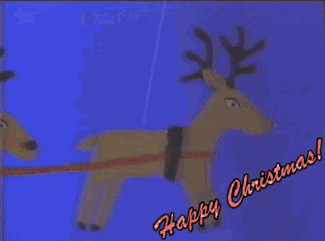 a man in a santa suit is riding a sleigh with the words happy christmas written below him