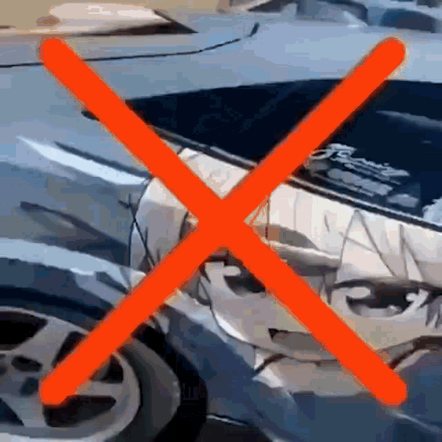 a car with a picture of a girl on the front of it is crossed out by an orange x .