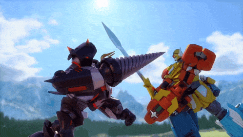 two robots are fighting each other with swords and drills
