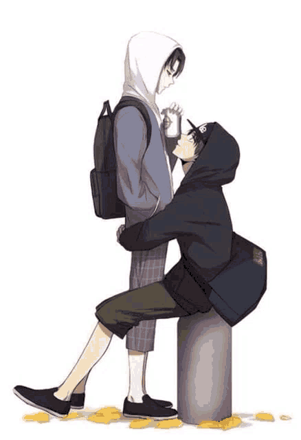 a couple of anime characters standing next to each other on a concrete post .