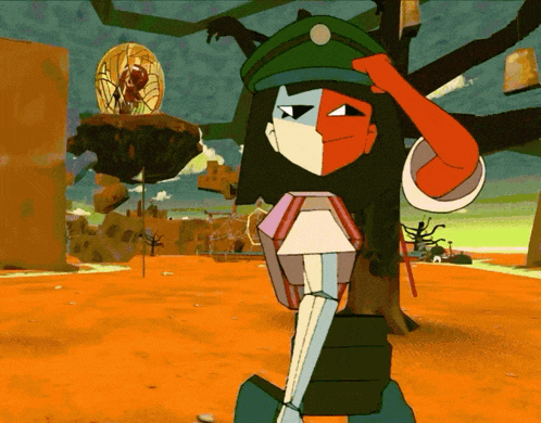 a cartoon character wearing a green hat salutes