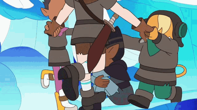 a cartoon character with a sword is surrounded by a group of people