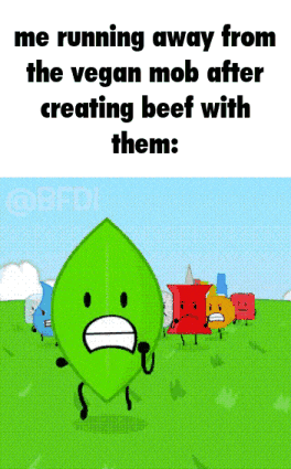 a green leaf is running away from a group of cartoon characters