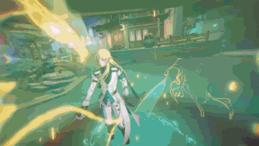 a video game character with a sword is surrounded by glowing lines